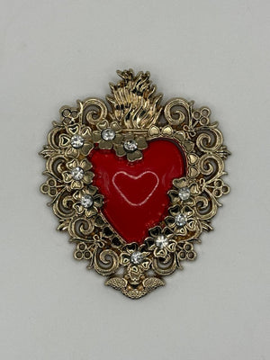 Red Enamel Sacred Heart Brooch | Gold Filigree Ex-Voto Pin (Medium or Large) – detail view | Petit Détail