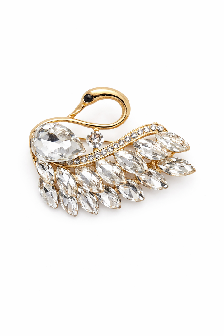 Elegant Gold & Crystal Swan Brooch Petit Détail Lebanon