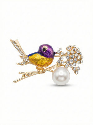 Enamel Bird with Pearl & Crystals Brooch Yellow Petit Détail Lebanon