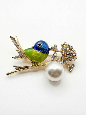 Enamel Bird with Pearl & Crystals Brooch Green Petit Détail Lebanon