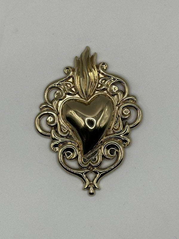 Gold Flaming Sacred Heart Brooch | Baroque Ex-Voto Pin – gold metal, gold-plated fashion jewelry, main product image, Petit Détail
