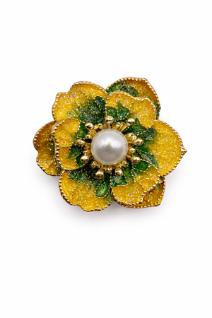Glitter Enamel Flower Brooch with Pearl Center Yellow Petit Détail Lebanon