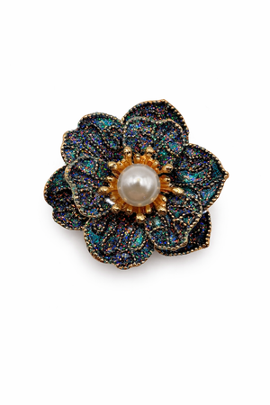 Glitter Enamel Flower Brooch with Pearl Center Blue Petit Détail Lebanon