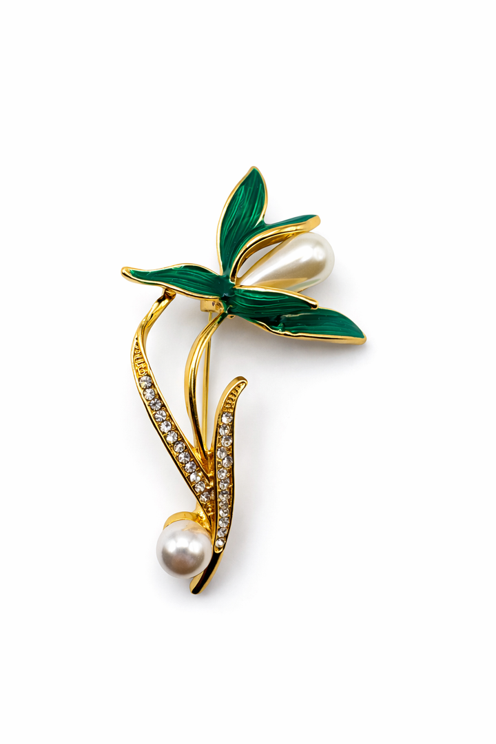 Gold Pearl Bud & Green Enamel Flower Brooch Default Title Petit Détail Lebanon