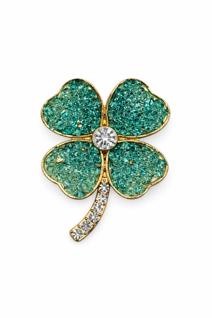 Gold-Tone Crushed Crystal Effect Clover Brooch Petit Détail Lebanon