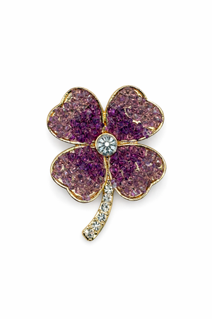 Gold-Tone Crushed Crystal Effect Clover Brooch Purple Petit Détail Lebanon