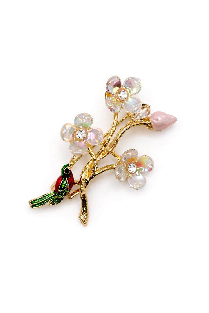 Gold-Tone Floral Branch Brooch with Enamel Bird & Iridescent Blooms Default Title Petit Détail Lebanon