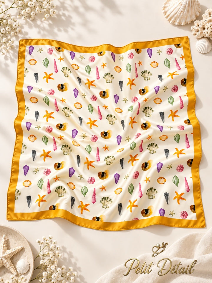Golden yellow border seashell print square scarf, 70 x 70 cm