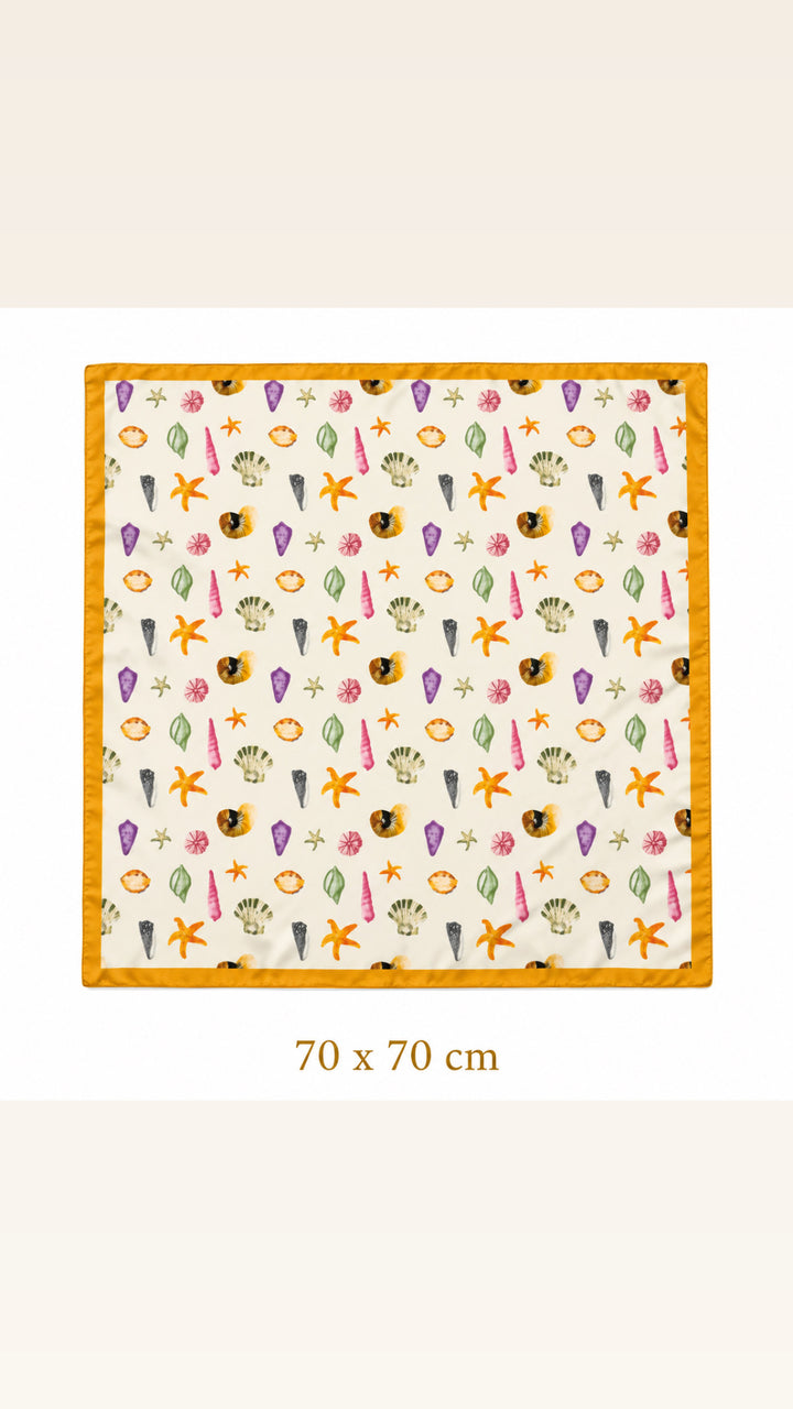 Golden yellow border seashell print square scarf, 70 x 70 cm