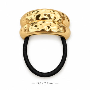 Hammered gold-tone double-band hair cuff with black elastic on white background, 5.5 x 2.5 cm