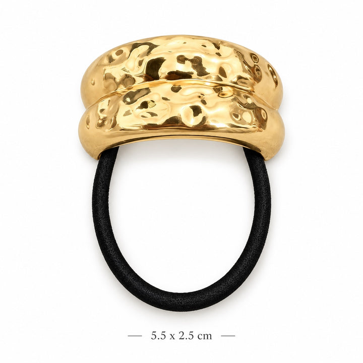 Hammered gold-tone double-band hair cuff with black elastic on white background, 5.5 x 2.5 cm
