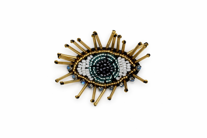 Hand-Beaded Gold Sunburst Evil Eye Brooch | Teal & Gold Artisan Pin Petit Détail Lebanon