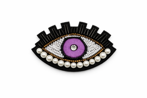 Hand-Embroidered Pearl Evil Eye Brooch Purple Petit Détail Lebanon