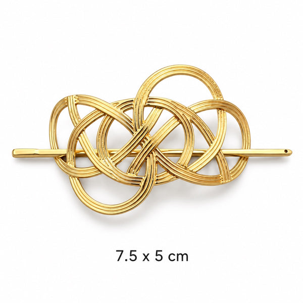 Interwoven gold-tone hair cuff with removable matching stick on white background, 7.5 x 5 cm