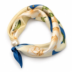 Ivory floral magnetic scarf with blue accents, green leaves and pearl magnetic closure