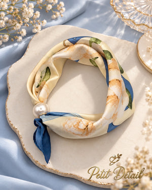 Ivory and blue floral magnetic scarf styled with pearl magnetic closure