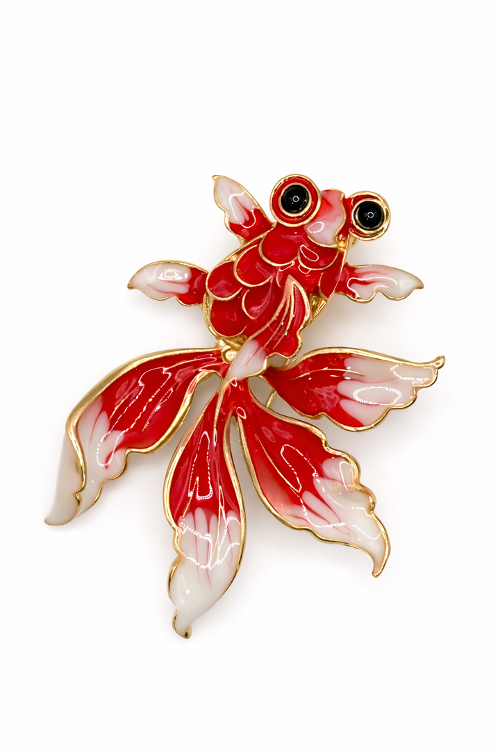 Lucky Red & White Enamel Goldfish Brooch Petit Détail Lebanon