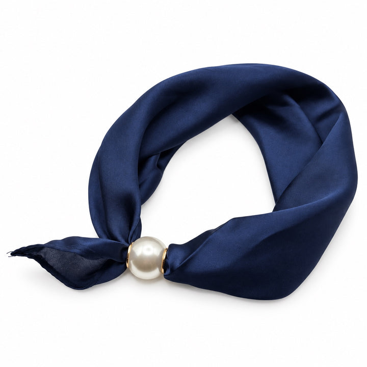 Navy blue satin magnetic scarf with pearl magnetic closure on white background