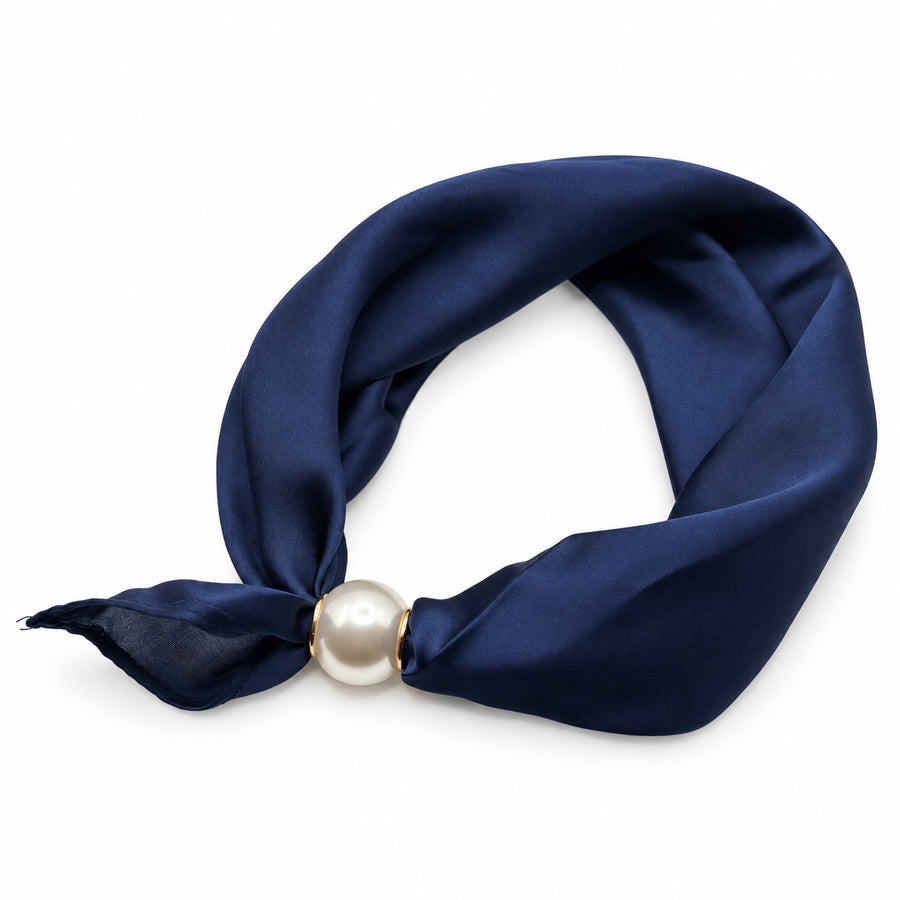 Navy blue satin magnetic scarf with pearl magnetic closure on white background