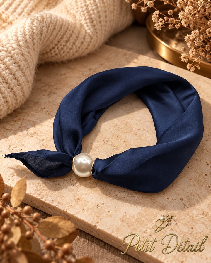 Navy blue satin magnetic scarf with pearl magnetic closure on white background