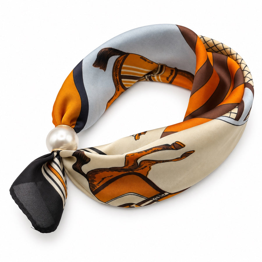 Orange brown and cream equestrian magnetic scarf with pearl magnetic closure