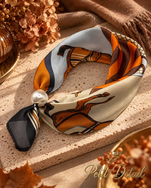 Orange brown and cream equestrian magnetic scarf styled with pearl magnetic closure