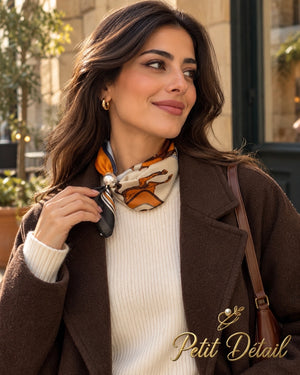 Woman wearing orange brown and cream equestrian magnetic scarf with pearl closure