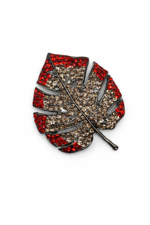 Pave Crystal Monstera Leaf Brooch Red Petit Détail Lebanon
