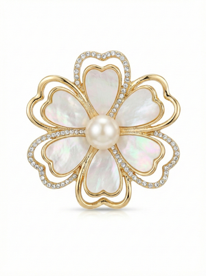 Pearl & Crystal Clover Flower Brooch – Gold Tone Default Title Petit Détail Lebanon