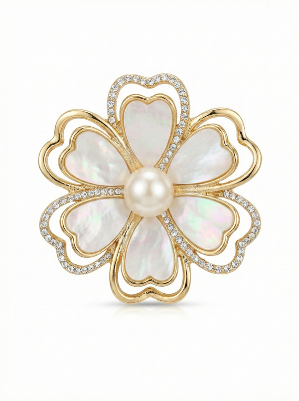 Pearl & Crystal Clover Flower Brooch – Gold Tone Default Title Petit Détail Lebanon