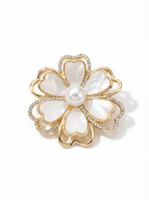 Pearl & Crystal Clover Flower Brooch – Gold Tone Petit Détail Lebanon