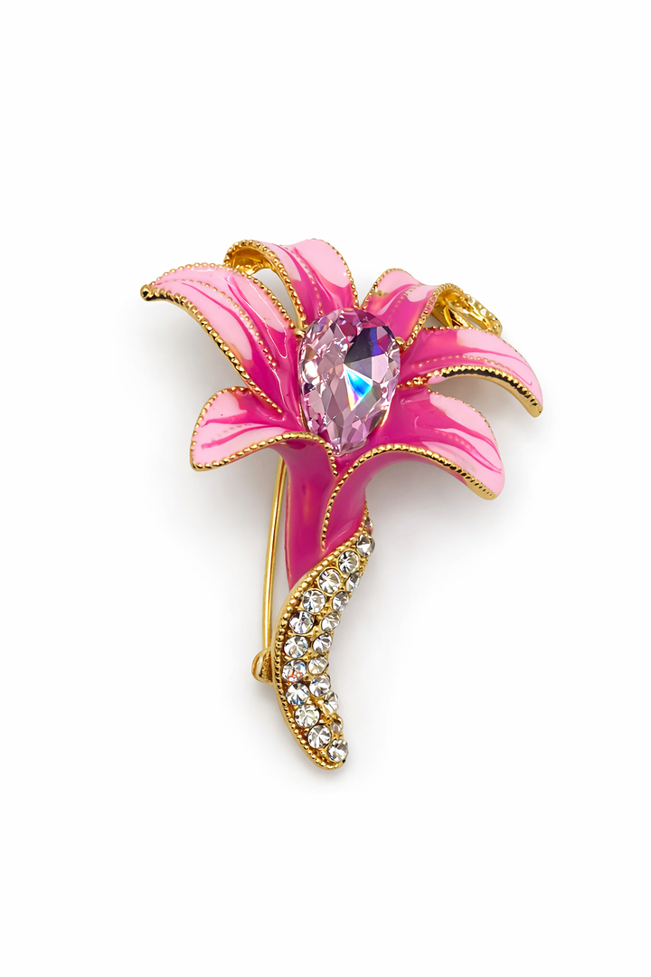 Pink Lily Enamel & Crystal Brooch Default Title Petit Détail Lebanon