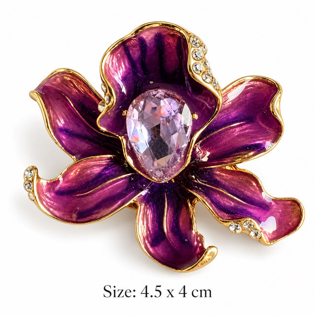 Purple Enamel Crystal Flower Brooch