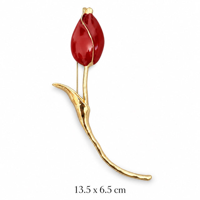 Red Enamel Long-Stem Tulip Brooch