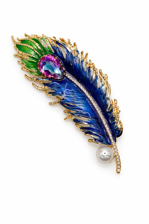 Royal Peacock Feather Brooch with Amethyst-Hued Crystal Blue Petit Détail Lebanon