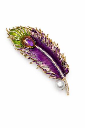 Royal Peacock Feather Brooch with Amethyst-Hued Crystal Purple Petit Détail Lebanon