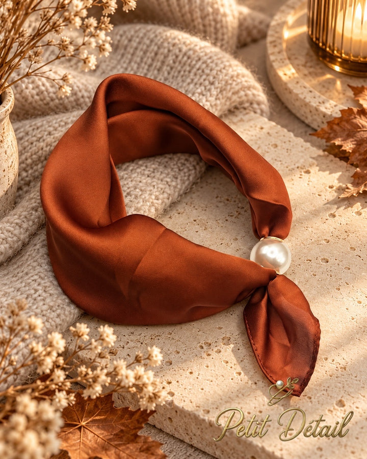 Rust satin magnetic scarf with pearl magnetic closure on white background