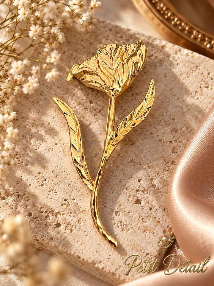 Sculpted Gold-Tone Long-Stem Bloom Brooch