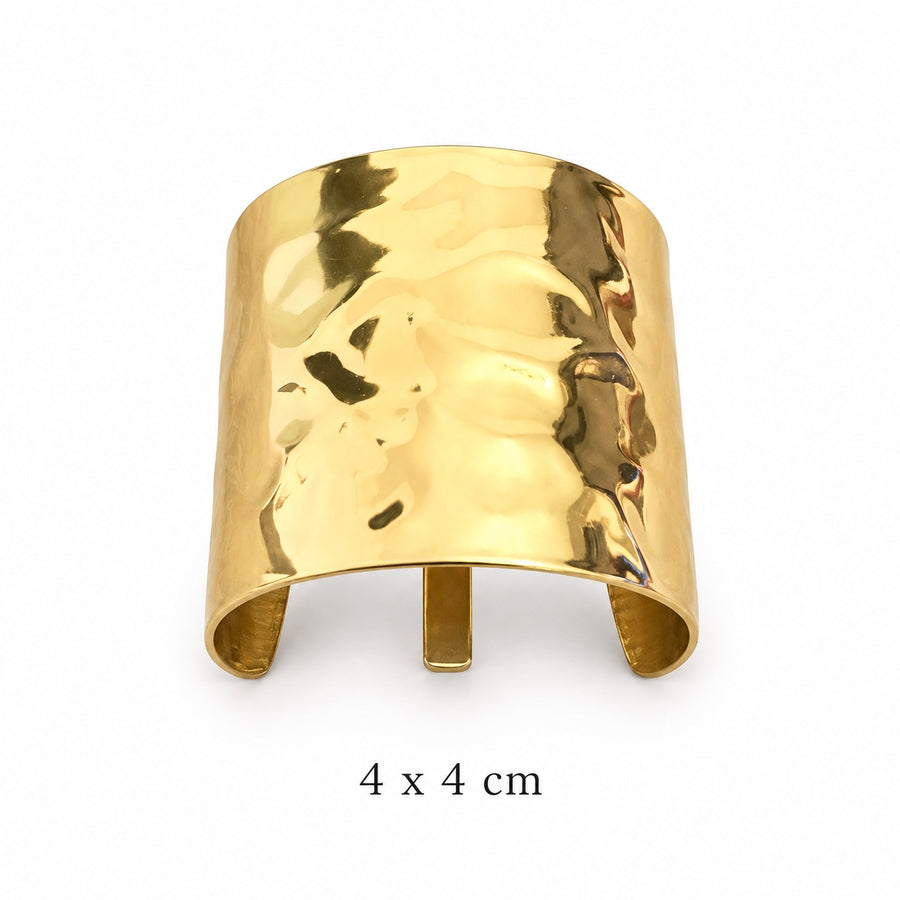 Wide sculpted polished gold-tone hair cuff on white background, 4 x 4 cm