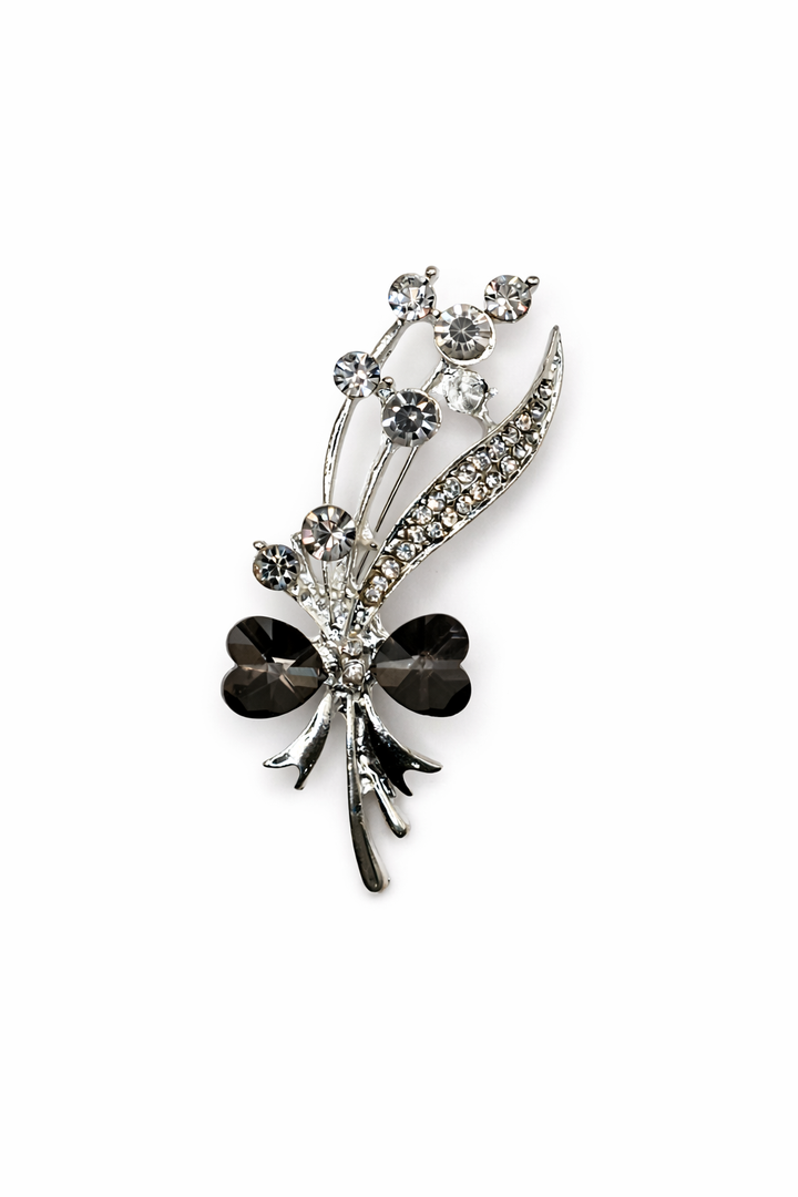 Silver-Tone Crystal Bouquet Brooch | Black Heart Bow Floral Pin Petit Détail Lebanon