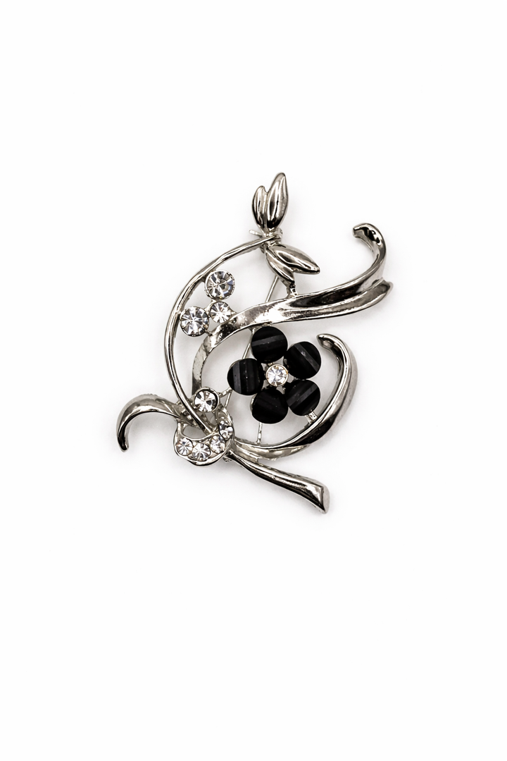 Silver-Tone Crystal Spray Brooch | Black Enamel Flower Accent Pin Petit Détail Lebanon