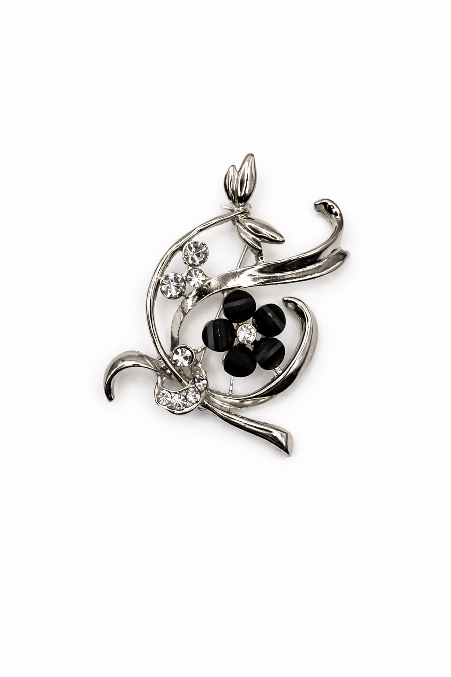 Silver-Tone Crystal Spray Brooch with Black Flower Accent Default Title Petit Détail Lebanon
