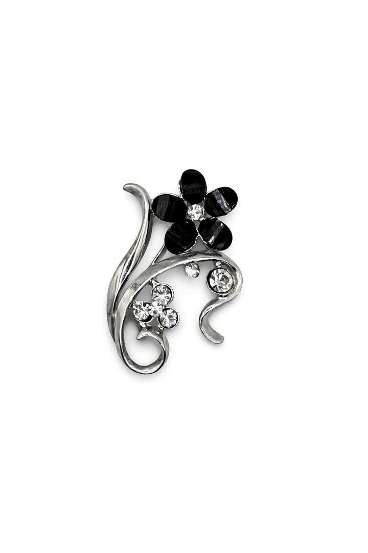 Silver-Tone Swirl Brooch with Black Crystal Flower Default Title Petit Détail Lebanon