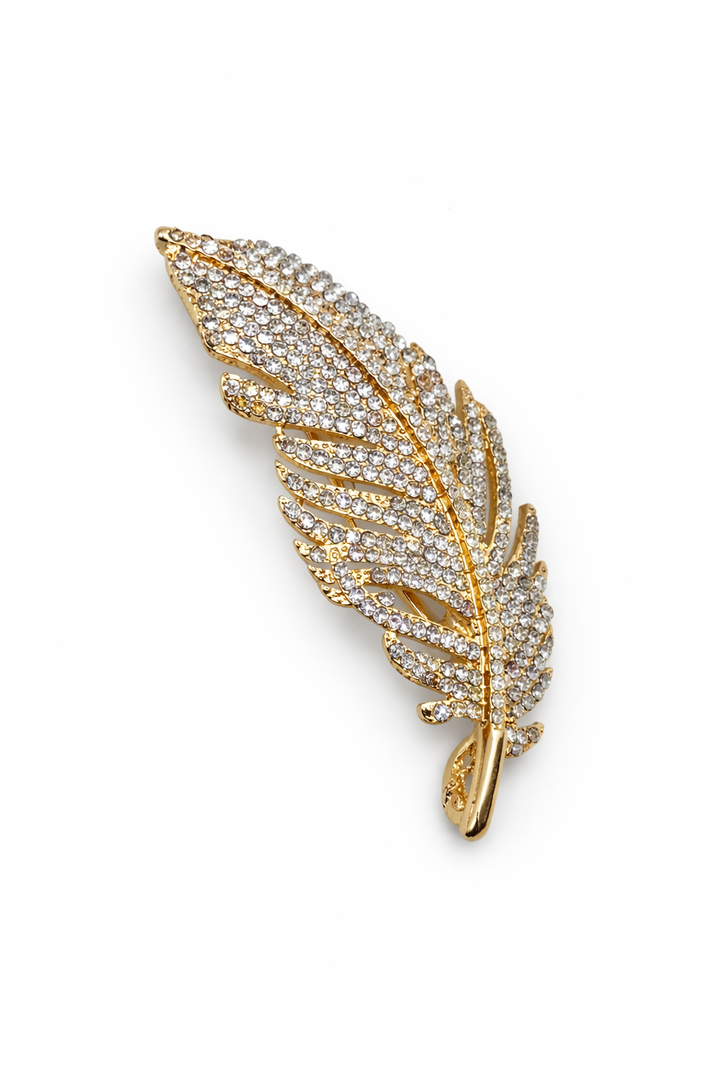 Sparkling Crystal Feather Brooch | Gold Pave Plume Pin Petit Détail Lebanon