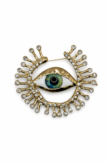 Surrealist Gold-Tone Evil Eye Brooch | Crystal Eyelash Protection Pin Petit Détail Lebanon