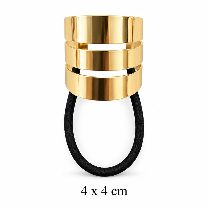 Polished gold-tone triple-band hair cuff with black elastic on white background, 4 x 4 cm