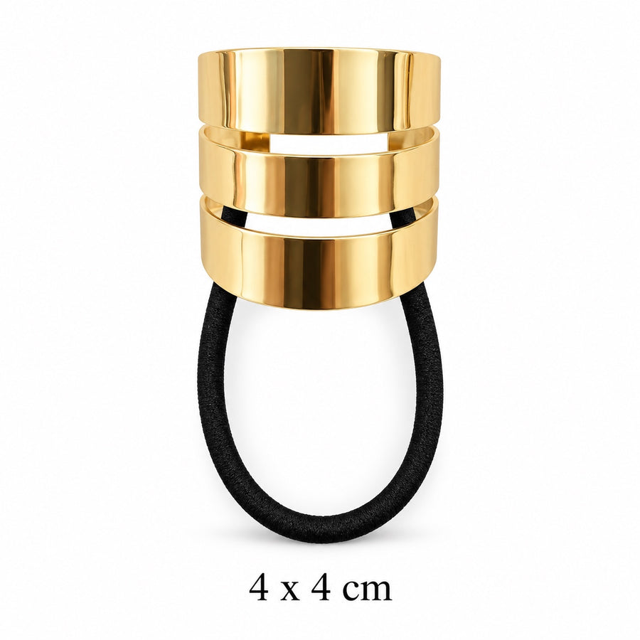 Polished gold-tone triple-band hair cuff with black elastic on white background, 4 x 4 cm