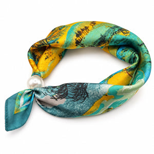 Turquoise and mustard abstract magnetic scarf with pearl magnetic closure on white background