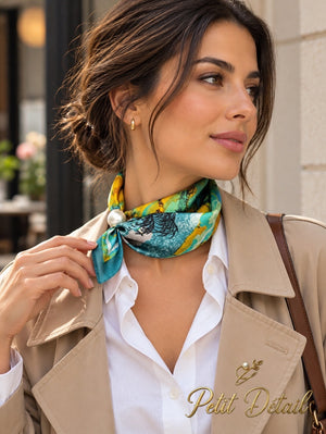 Woman wearing turquoise and mustard abstract magnetic scarf with pearl closure