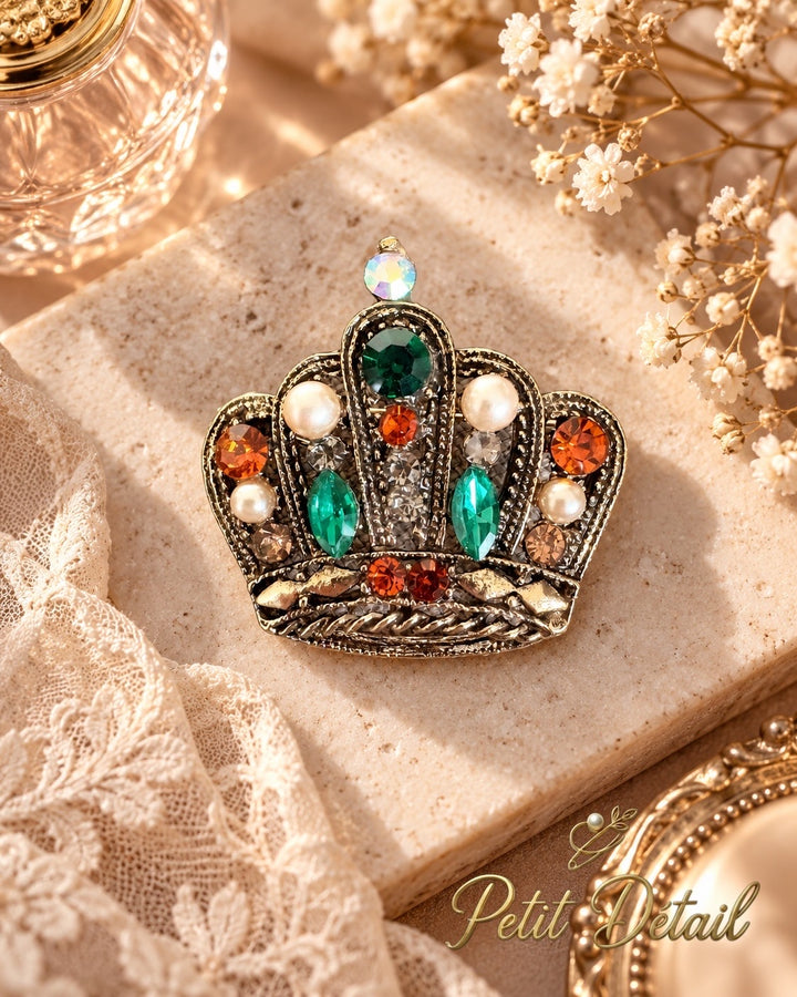 Vintage Multicolor Jeweled Crown Brooch